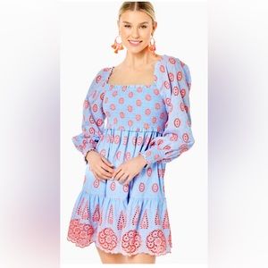 Lilly Pulitzer Rainna Smocked Eyelet Dress in Blue and Coral. Size XL.